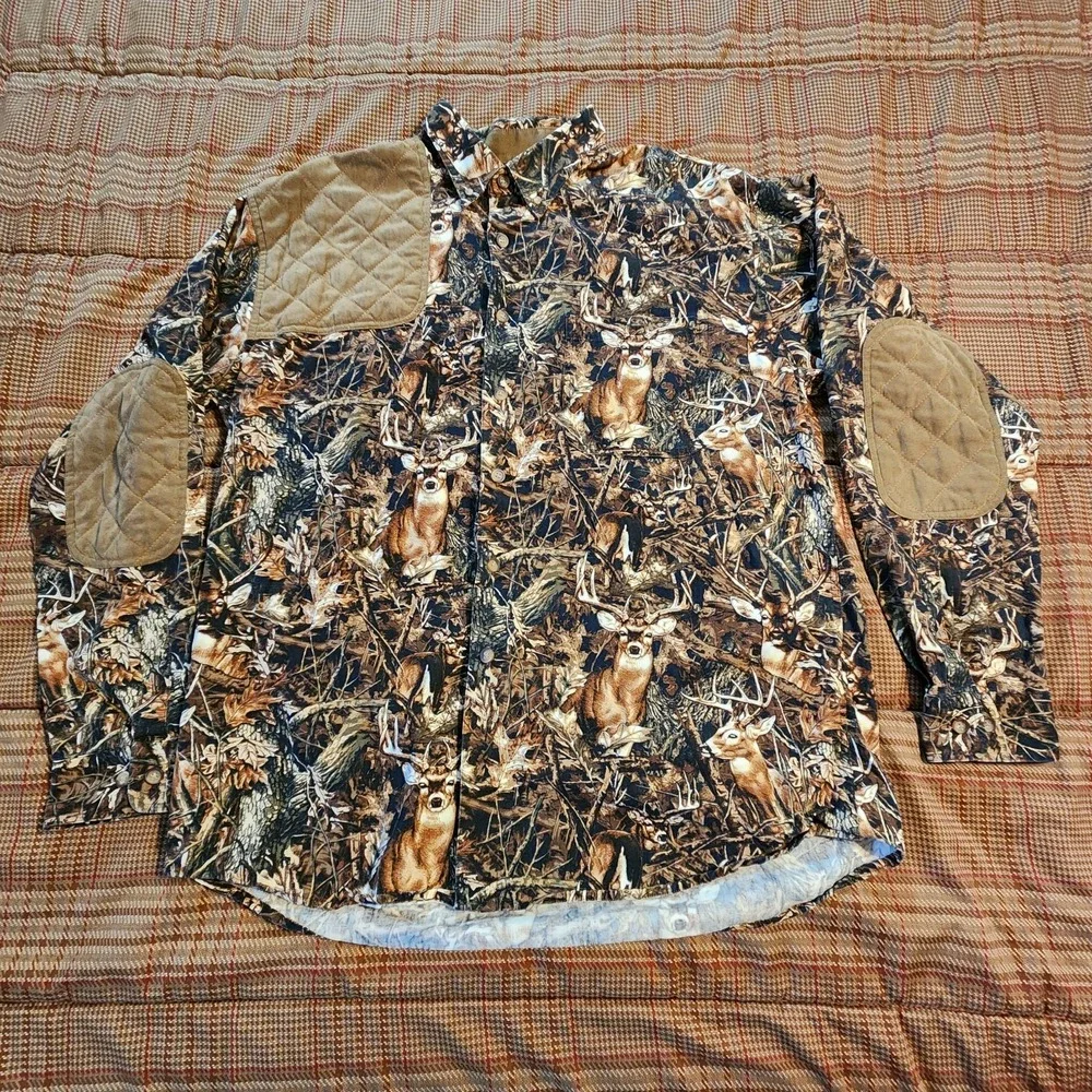 VTG Morgan Creek Brown Hunter‎ Camo Button Down Mens Sz L Elbow Shoulder Patches